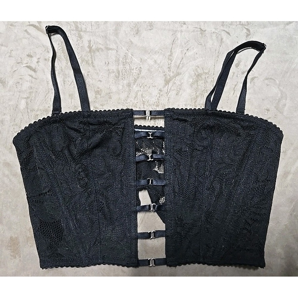 VICTORIA'S SECRET Black Lace Bustier Bralette Longline Bra Strappy Sexy Lingerie